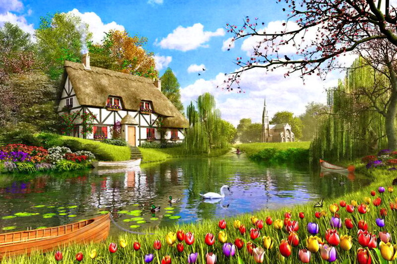 Thatched Cottage by River — Green, Serene, Spring, Digital Art, Swan