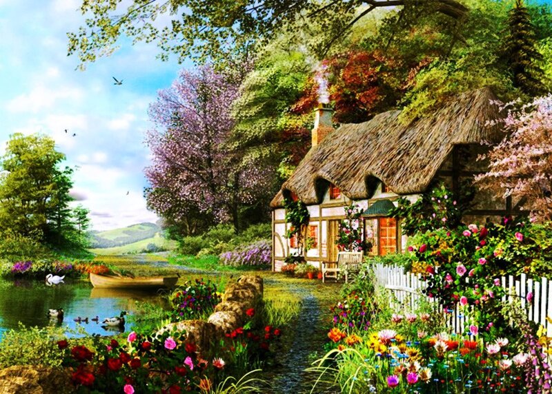 Thatched Cottage by River — Green, Serene, Spring, Digital Art