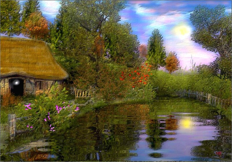 Thatched Cottage by River — Green, Serene, Sunset, Digital Art