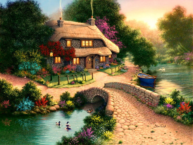 Thatched Cottage by River — Green, Serene, Sunset, Painting