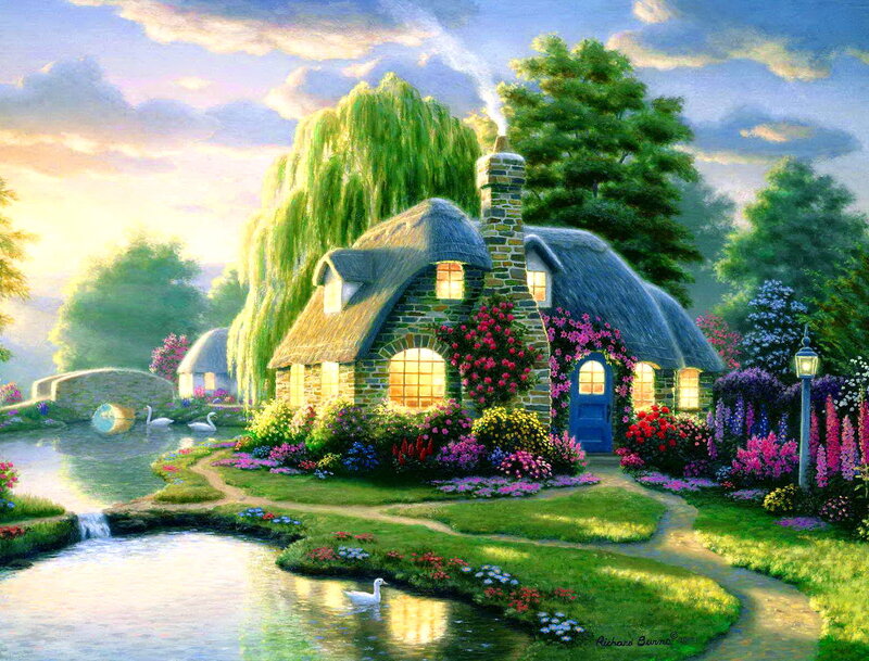 Thatched Cottage by River — Green, Serene, Sunset