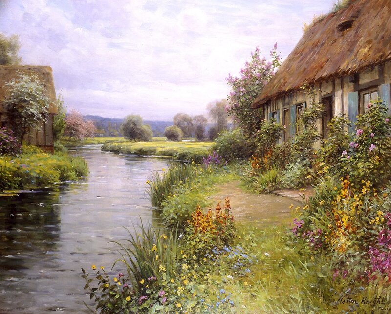 Thatched Cottage by River — Green, Serene