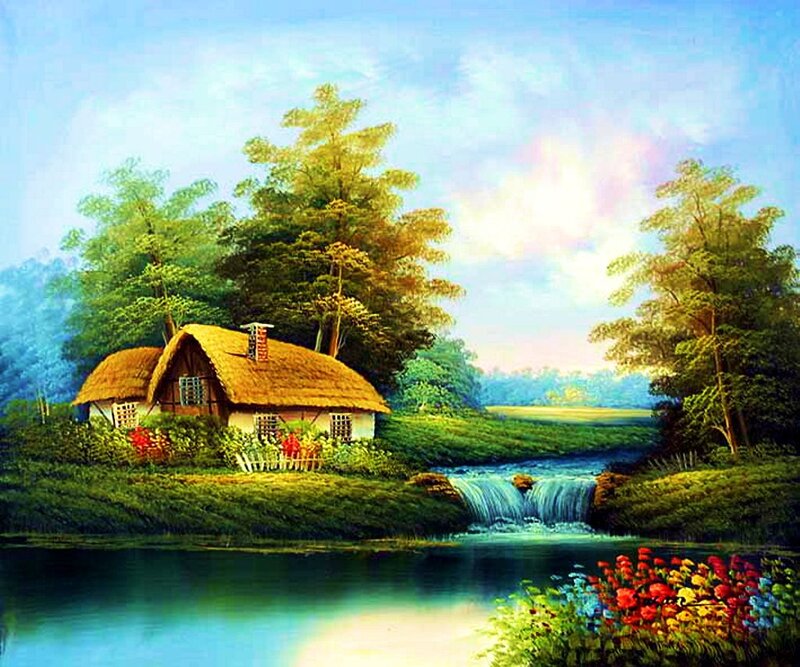 Thatched Cottage by Stream — Green, Serene, Afternoon