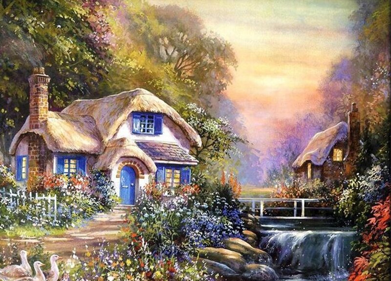 Thatched Cottage by Stream — Green, Serene, Sunset