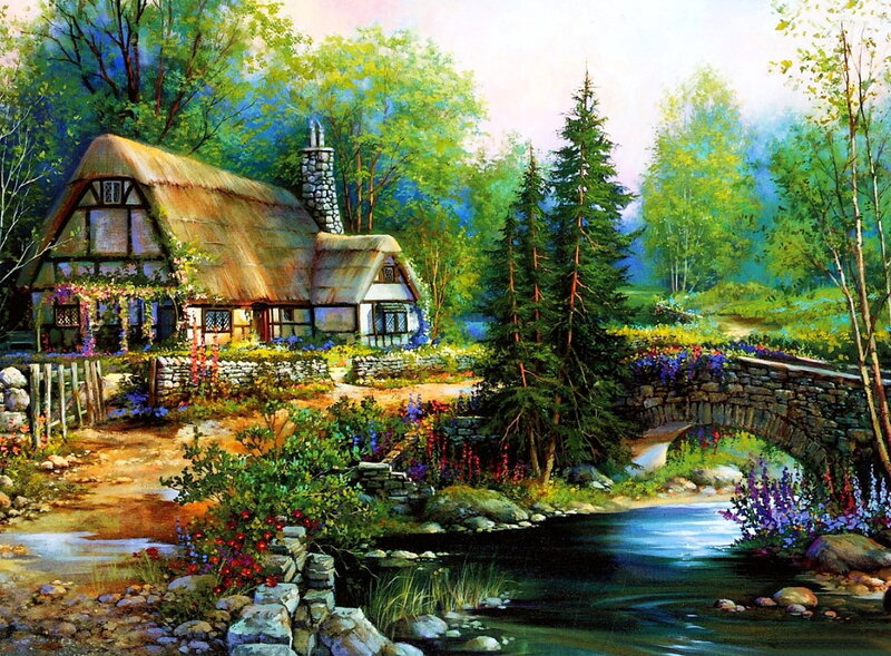 Thatched Cottage by Stream — Green, Serene