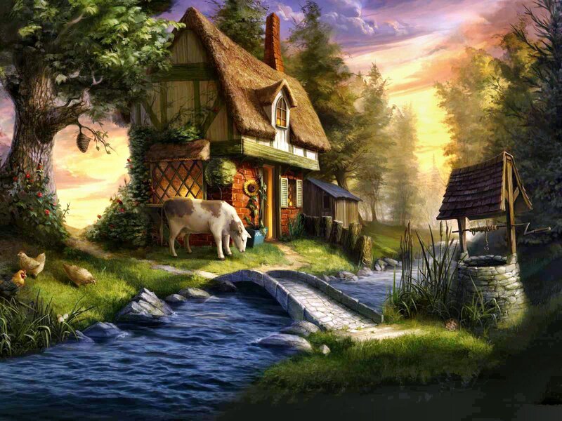 Thatched Cottage by Stream — Green