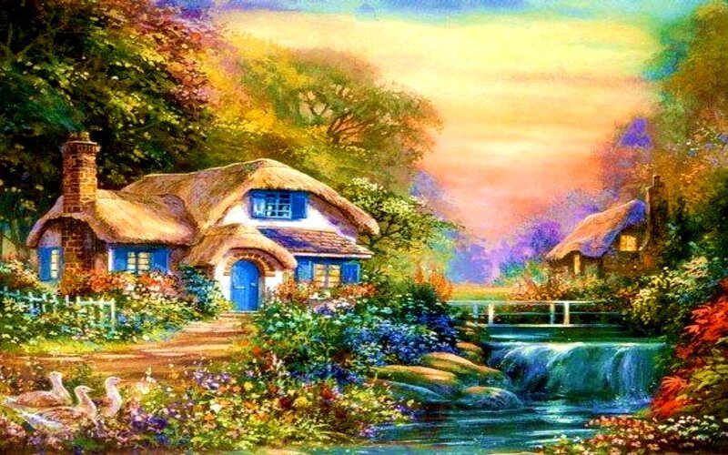 Thatched Cottage by Stream