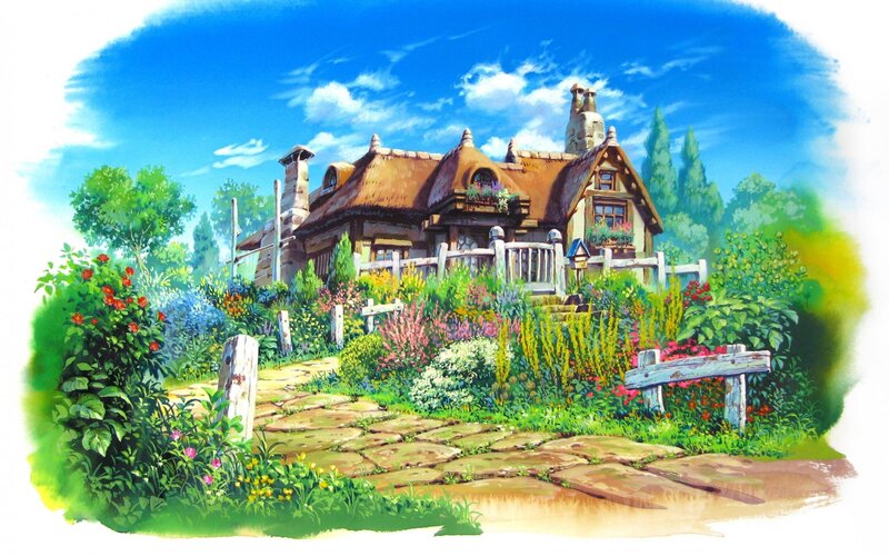 Thatched Cottage Garden — Blue, Serene, Afternoon