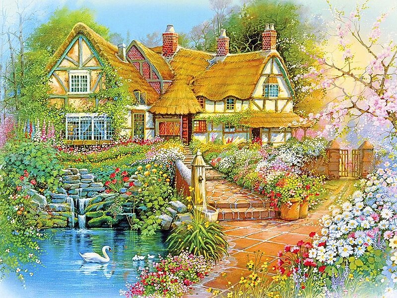 Thatched Cottage Garden — Blue, Serene, Spring, Painting