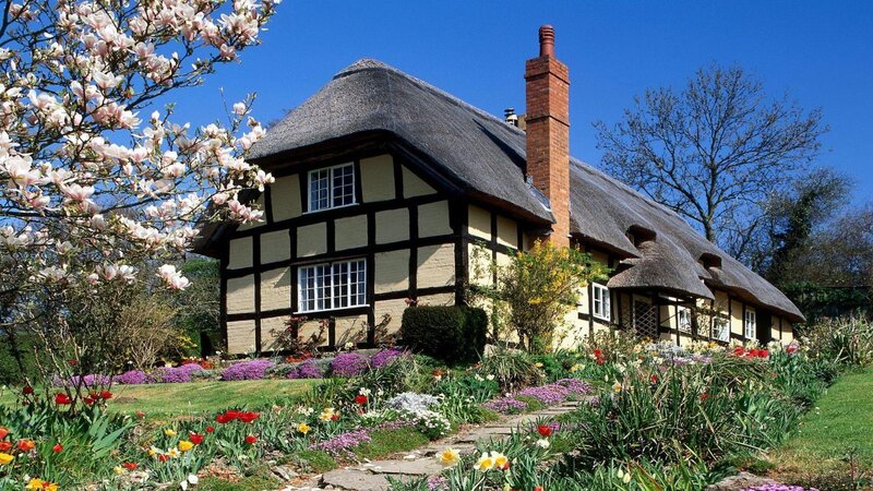 Thatched Cottage Garden — Blue, Serene, Spring
