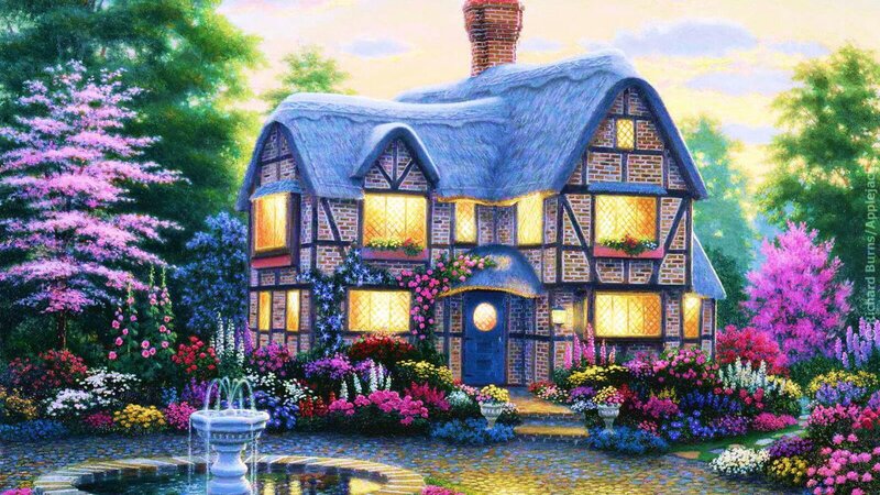 Thatched Cottage Garden — Blue, Serene, Sunset