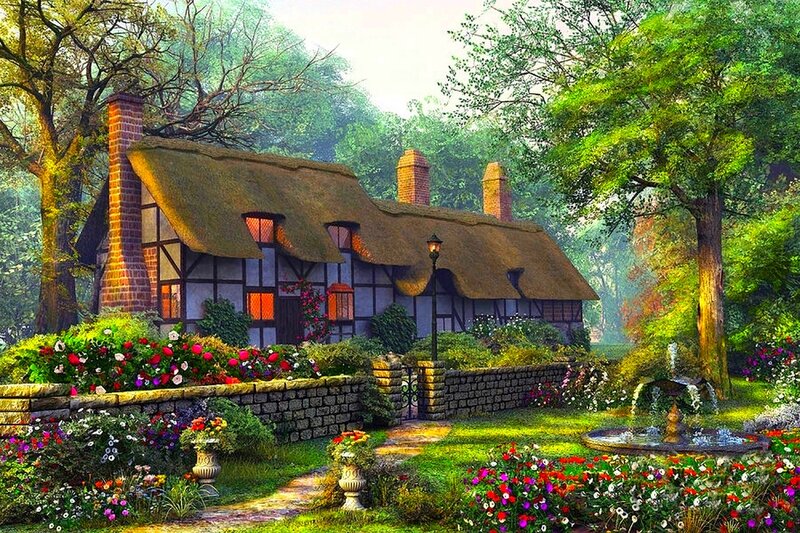 Thatched Cottage Garden — Green, Serene, Afternoon, Digital Art, Flowers, Fountain