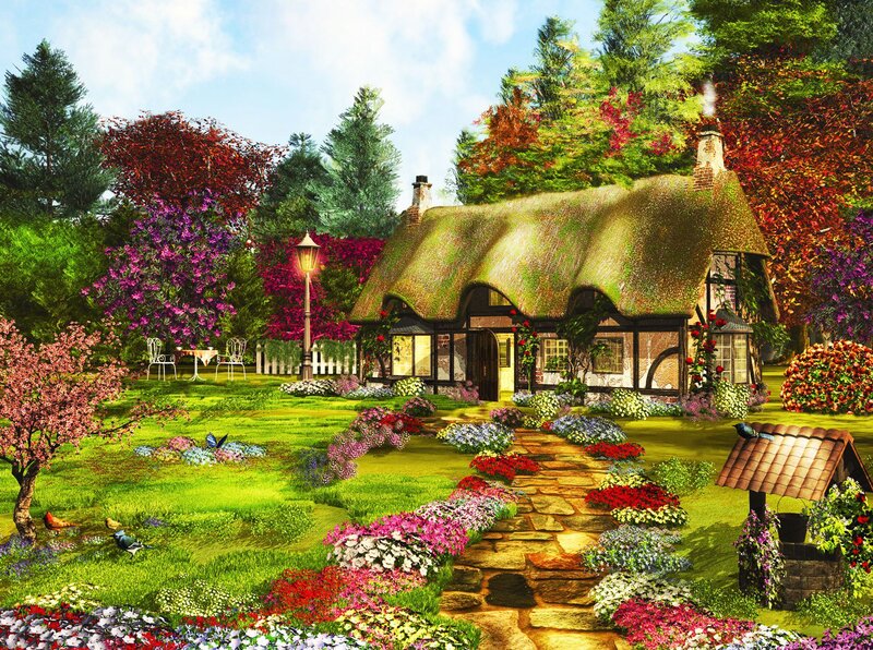Thatched Cottage Garden — Green, Serene, Afternoon, Digital Art, Flowers, Path