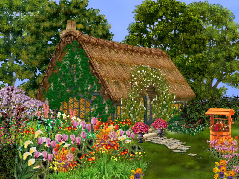 Thatched Cottage Garden — Green, Serene, Afternoon, Digital Art, Flowers
