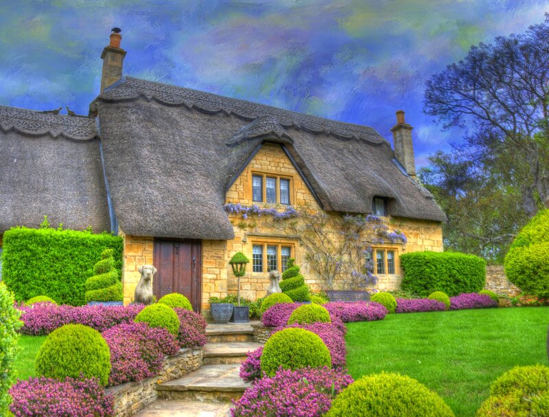 Thatched Cottage Garden — Green, Serene, Afternoon, Digital Art, Hedge