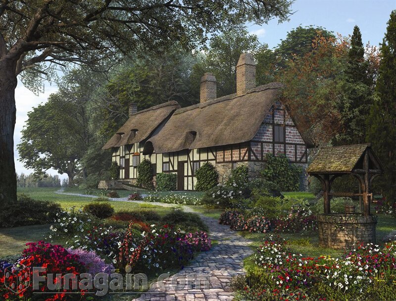 Thatched Cottage Garden — Green, Serene, Afternoon, Digital Art, Well