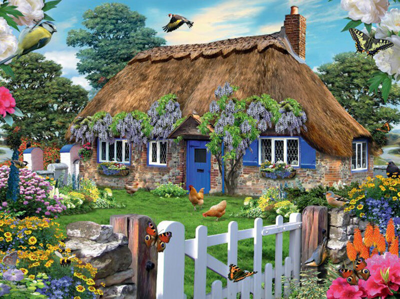 Thatched Cottage Garden — Green, Serene, Afternoon, Illustration, Birds, Chickens