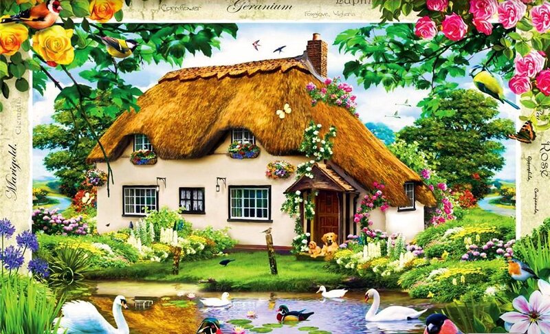 Thatched Cottage Garden — Green, Serene, Afternoon, Illustration, Birds