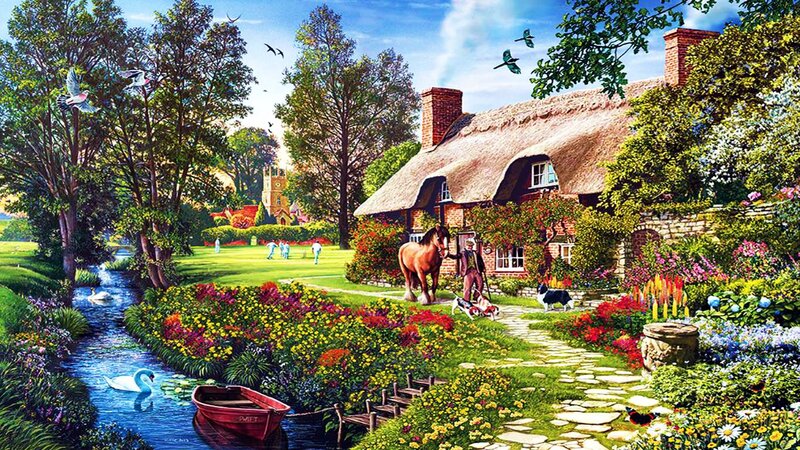 Thatched Cottage Garden — Green, Serene, Afternoon, Illustration, Horse