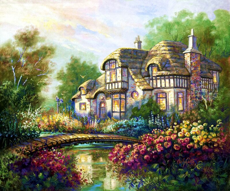 Thatched Cottage Garden — Green, Serene, Afternoon, Painting, Bridge, River