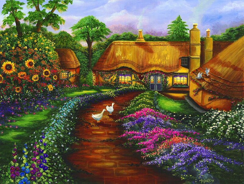 Thatched Cottage Garden — Green, Serene, Afternoon, Painting, Ducks