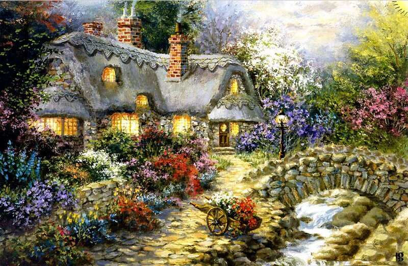 Thatched Cottage Garden — Green, Serene, Afternoon, Painting, Flowering Bushes