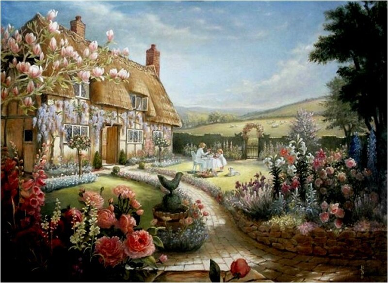Thatched Cottage Garden — Green, Serene, Afternoon, Painting, Flowers, Path