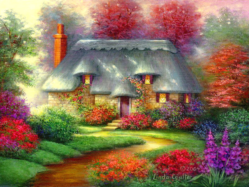 Thatched Cottage Garden — Green, Serene, Afternoon, Painting, Flowers, Path, Trees, Chimney