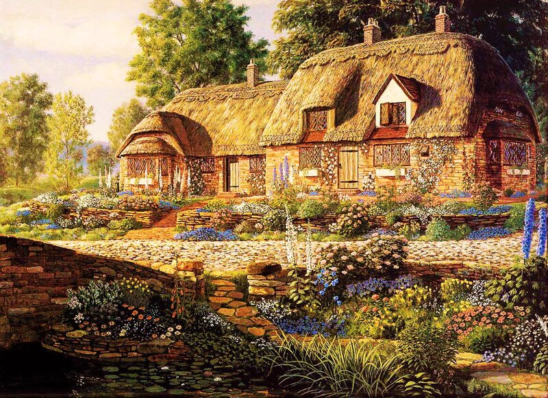 Thatched Cottage Garden — Green, Serene, Afternoon, Painting, Pond