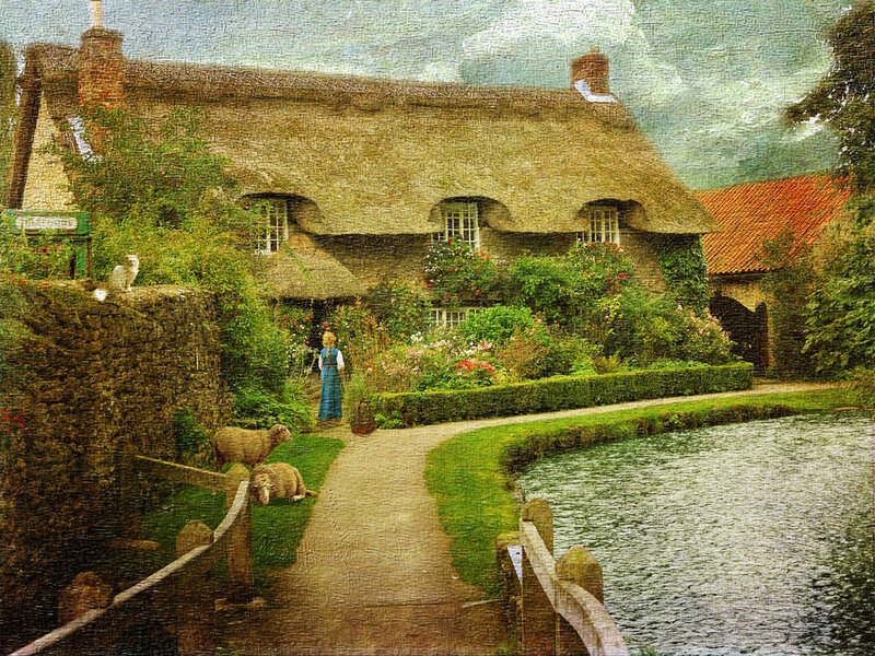 Thatched Cottage Garden — Green, Serene, Afternoon, Painting, Sheep