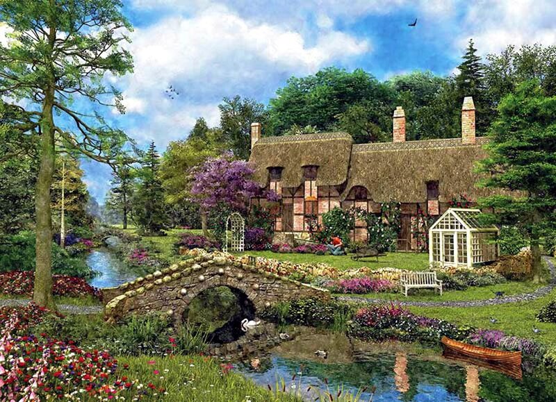 Thatched Cottage Garden — Green, Serene, Afternoon, Painting, Stone Bridge