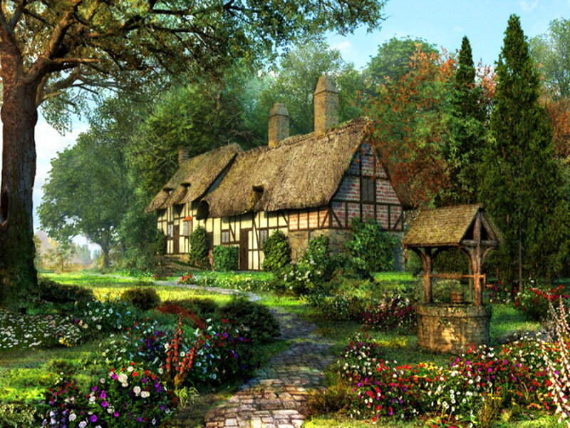Thatched Cottage Garden — Green, Serene, Afternoon, Painting
