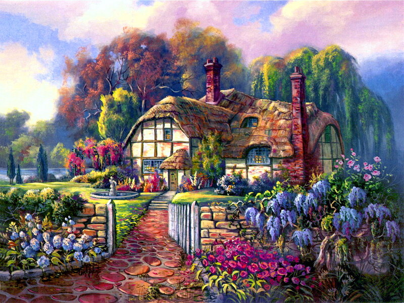 Thatched Cottage Garden — Green, Serene, Afternoon, Painting, Trees