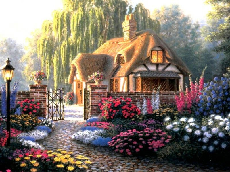 Thatched Cottage Garden — Green, Serene, Afternoon, Painting, Willow Tree