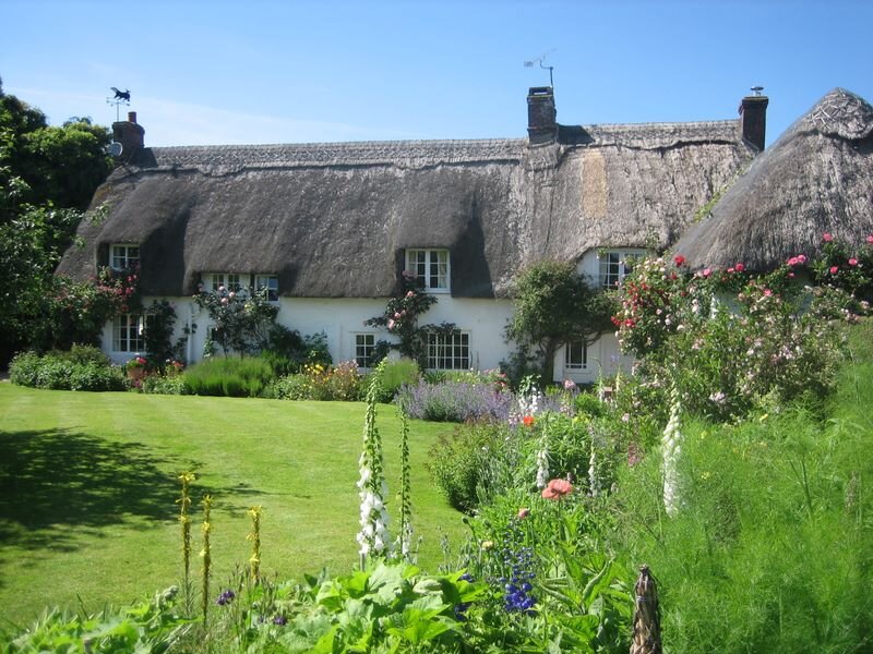 Thatched Cottage Garden — Green, Serene, Afternoon, Photograph