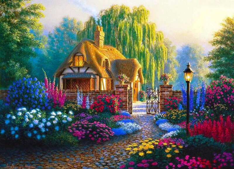 Thatched Cottage Garden — Green, Serene, Morning, Painting, Willow Tree