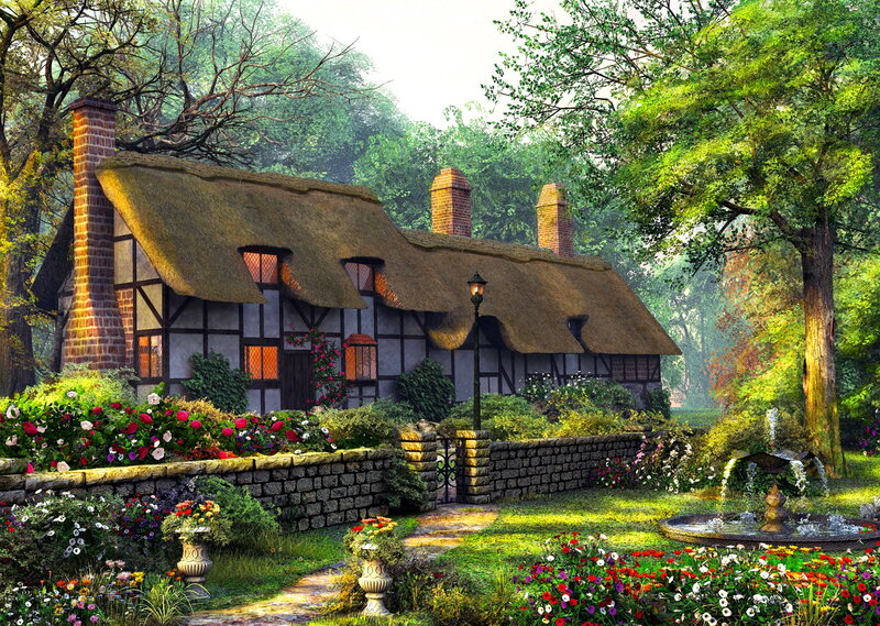 Thatched Cottage Garden — Green, Serene, Morning