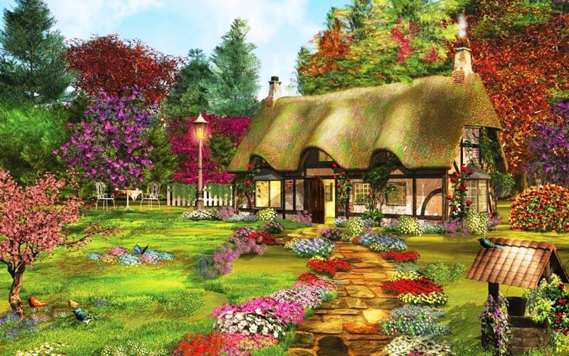 Thatched Cottage Garden — Green, Serene, Spring, Digital Art, Flowers, Path
