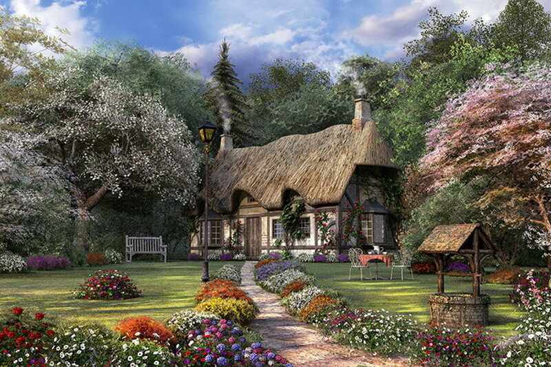 Thatched Cottage Garden — Green, Serene, Spring, Digital Art