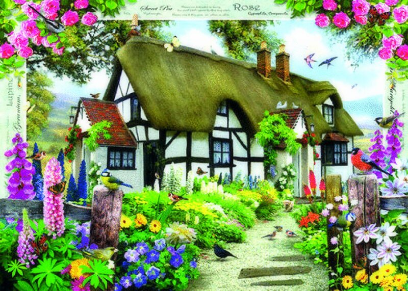 Thatched Cottage Garden — Green, Serene, Spring, Illustration, Birds, Flowers