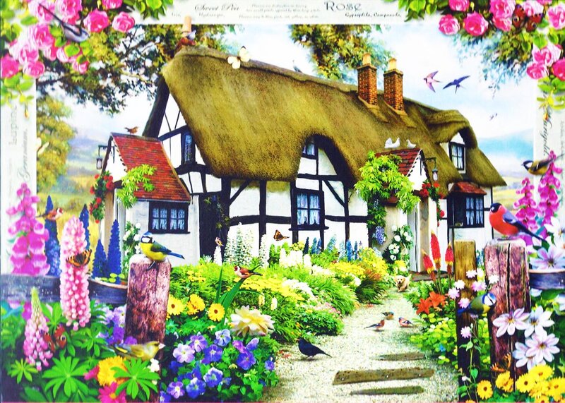 Thatched Cottage Garden — Green, Serene, Spring, Illustration, Birds