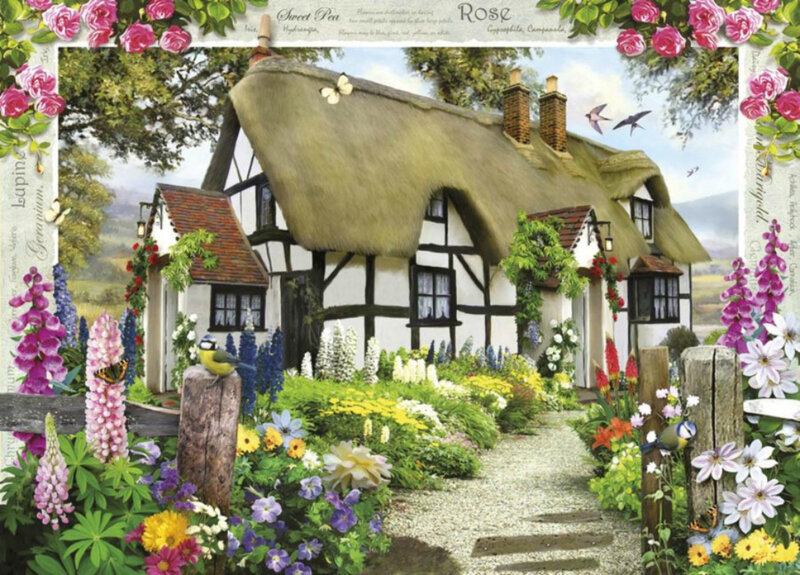 Thatched Cottage Garden — Green, Serene, Spring, Illustration