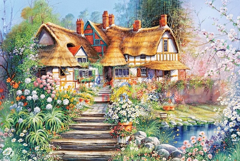 Thatched Cottage Garden — Green, Serene, Spring, Painting, Flowers, Pond, Path