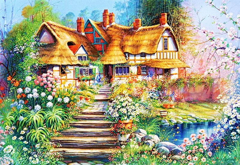 Thatched Cottage Garden — Green, Serene, Spring, Painting, Flowers, Pond