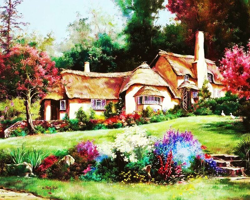 Thatched Cottage Garden — Green, Serene, Spring, Painting, Flowers, Trees