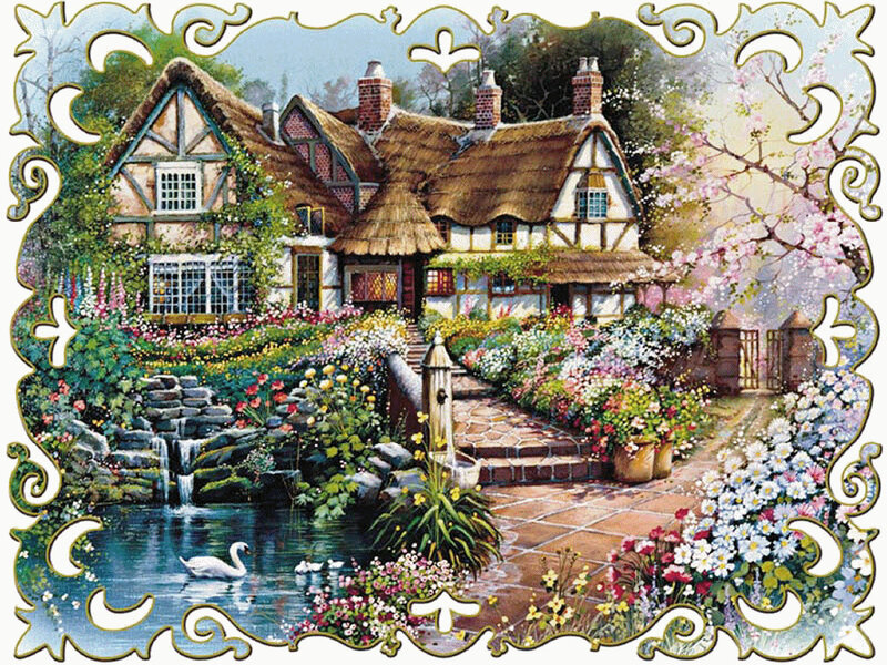 Thatched Cottage Garden — Green, Serene, Spring, Painting