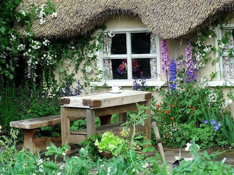 Thatched Cottage Garden — Green, Serene, Spring, Photograph, Table