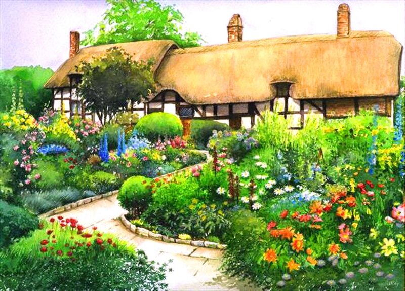Thatched Cottage Garden — Green, Serene, Summer, Painting, Flowers