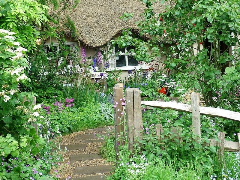 Thatched Cottage Garden — Green, Serene, Summer, Photograph, Path