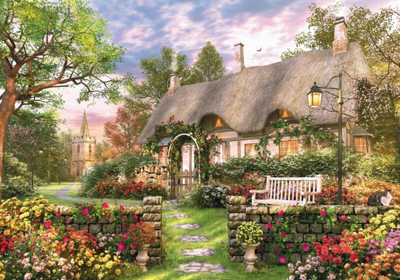 Thatched Cottage Garden — Green, Serene, Sunset, Illustration, Cat